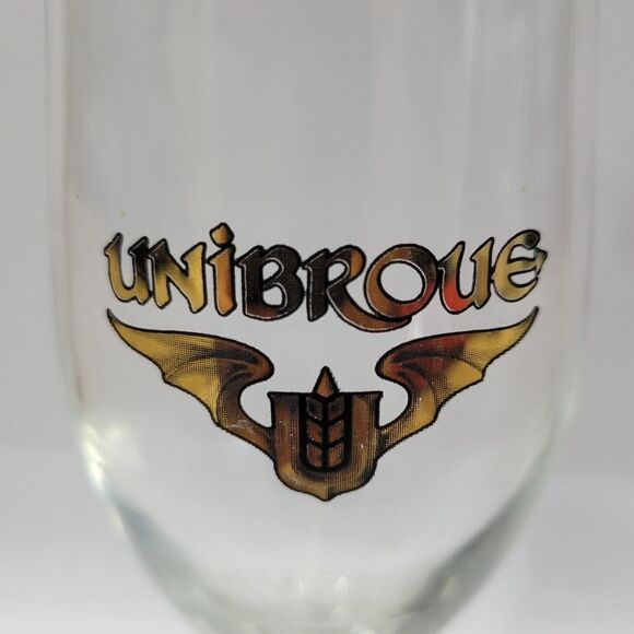 Unibroue Belgium Beer Glass Tulip 7" Tall Beer Glass Gold Print French Canadian - Picture 2 of 3
